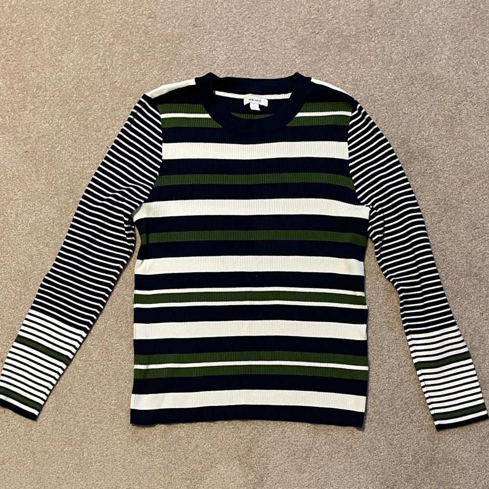 Nine West Navy and Green Striped Sweater